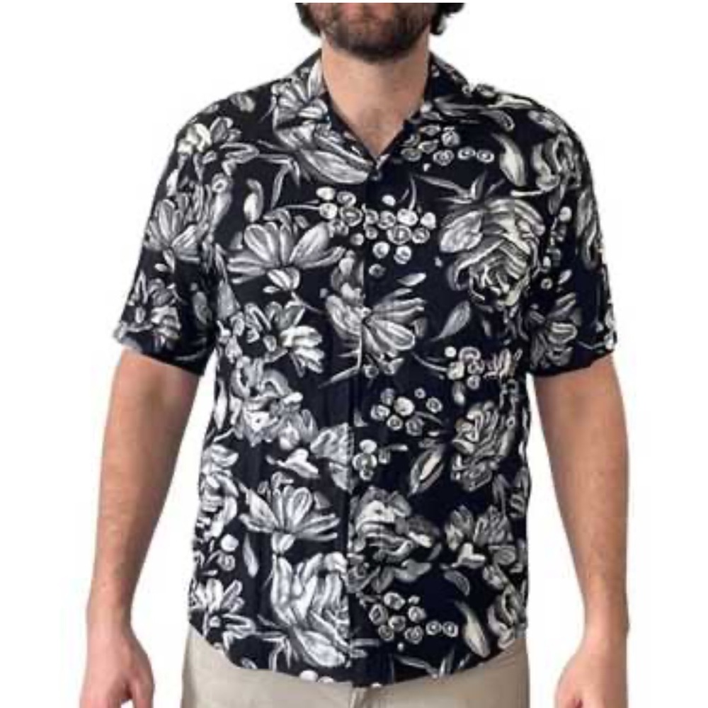 Vintage 90s Jams World Hawaiian Aloha Shirt Black White Floral Short Sleeve-M